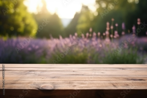 Wooden Table Top Surface with Blurred Lavender Flowers Field Background. Banner with Empty Space for Product Display. Generative AI.