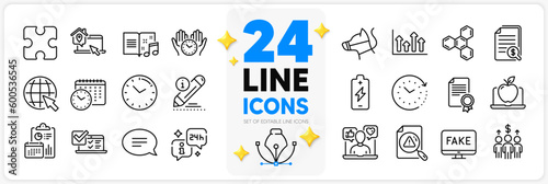 Icons set of Edit, Safe time and Financial documents line icons pack for app with Online survey, Upper arrows, Fake news thin outline icon. Certificate, Music book, Search document pictogram. Vector