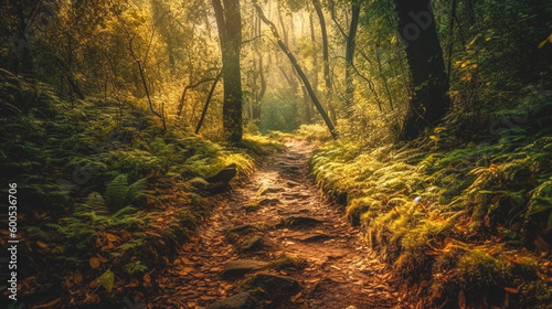 Forest road in a green misty forest, generative AI. © puhimec