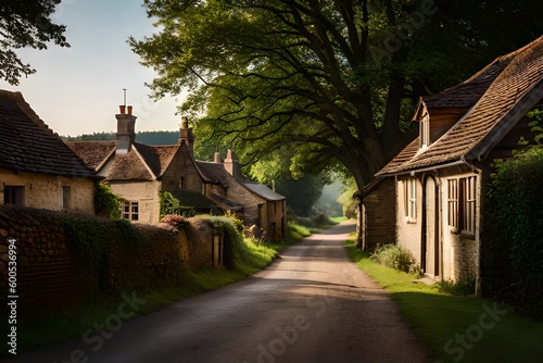 Street in the old England town. Beautiful green scenery of UK village life. Created with generative AI
