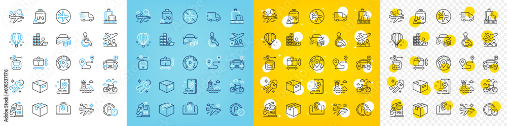Vector icons set of Place, Passenger and Office box line icons pack for web with Pin, Parcel, Parking time outline icon. Buy car, Search flight, Truck delivery pictogram. Disability. Vector