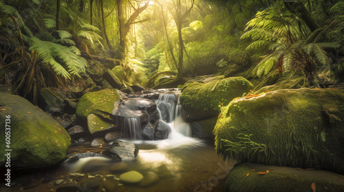 Tropical Rainforest Waterfall Over Mossy Rocks Illuminated by Warm Sunlight - Generative AI