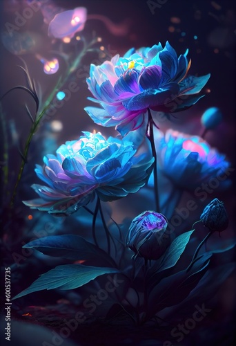 Beautiful light blue flowers. Peonies. Generative AI