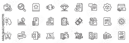 Icons pack as Diamond, Report document and Report timer line icons for app include Phishing, Contactless payment, Money loss outline thin icon web set. Loyalty ticket, Clipboard. Vector