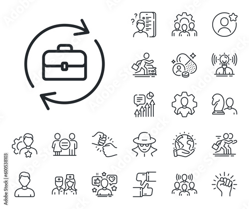 Portfolio case or Job Interview sign. Specialist, doctor and job competition outline icons. Business recruitment line icon. Human resources line sign. Avatar placeholder, spy headshot icon. Vector
