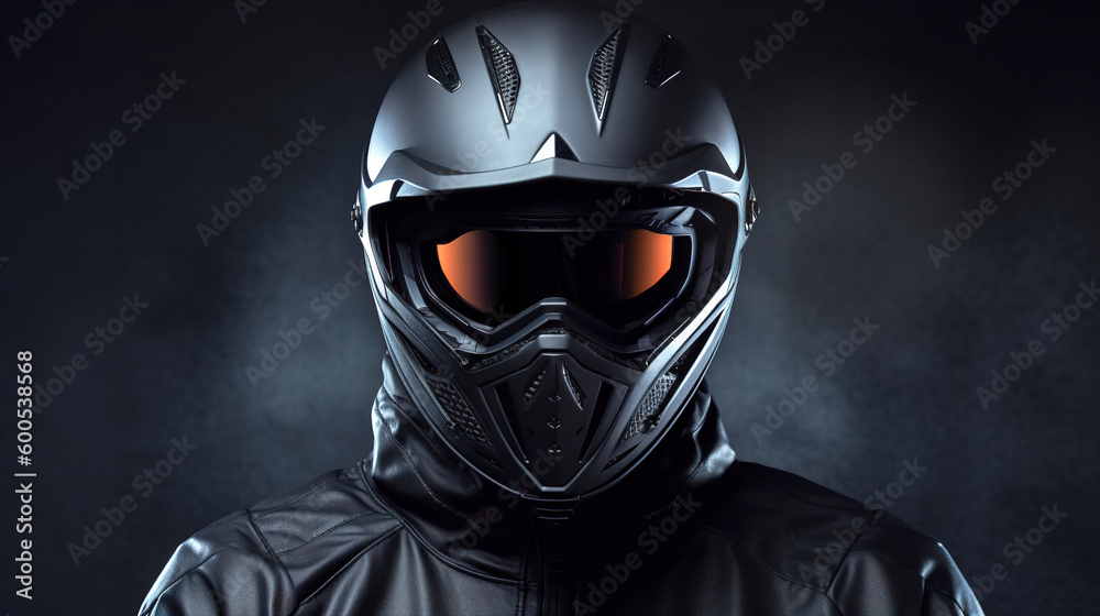 Biker in a helmet on a dark background. AI generation Biker in a helmet on a dark background. AI generation
