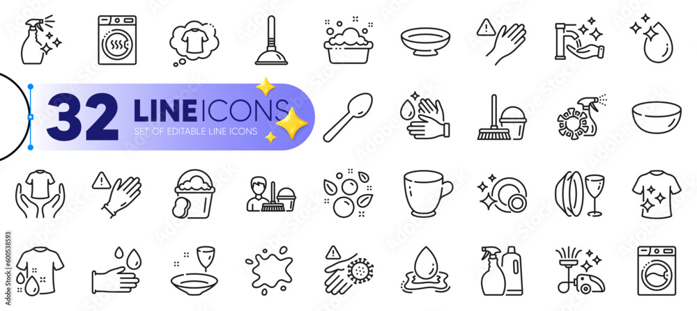 Outline set of Cleaning service, Dish plate and Wash hands line icons for web with Washing hands, Dryer machine, Dish thin icon. Rubber gloves, Wash t-shirt, Washing machine pictogram icon. Vector Outline set of Cleaning service, Dish plate and Wash hands line icons for web with Washing hands, Dryer machine, Dish thin icon. Rubber gloves, Wash t-shirt, Washing machine pictogram icon. Vector