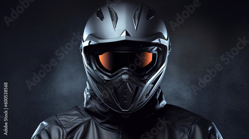 Biker in a helmet on a dark background. AI generation
