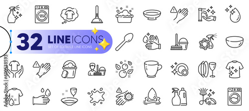 Outline set of Cleaning service, Dish plate and Wash hands line icons for web with Washing hands, Dryer machine, Dish thin icon. Rubber gloves, Wash t-shirt, Washing machine pictogram icon. Vector