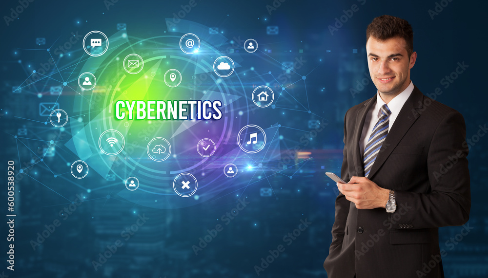 Businessman thinking about modern technology Businessman thinking about modern technology