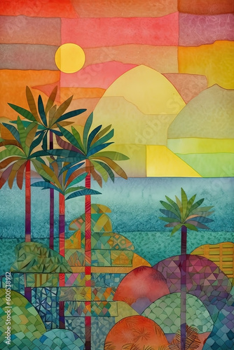 Abstract art seaside tropical landscape colorful background. Contemporary painting. Ai generated