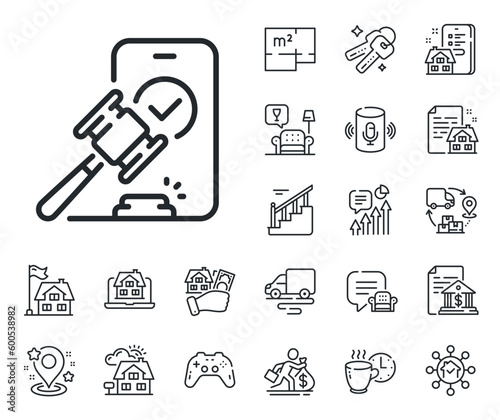 Bid offer sign. Floor plan, stairs and lounge room outline icons. Auction line icon. Act hammer deal symbol. Auction line sign. House mortgage, sell building icon. Real estate. Vector