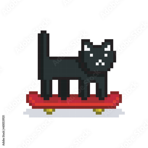 Black cat on skateboard, pixel art meme