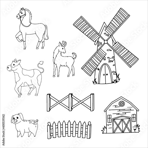 Donkey, Horse, Llama or Alpaca, Sheep, Cow, Goat and Pig. Farm animals and buildings. Mill. Barn. Cattle breeding Vector illustration isolated on white background.