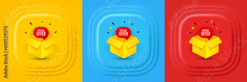 Special offer banner. Neumorphic offer banner, flyer or poster. Discount sticker shape. Gift coupon icon. Special offer promo event banner. 3d square buttons. Special deal coupon. Vector