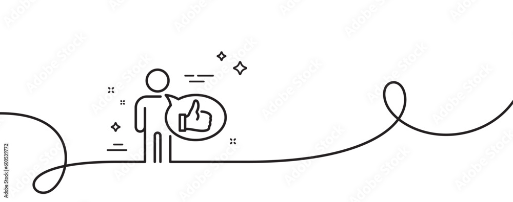 Like line icon. Continuous one line with curl. Thumbs up sign. Positive feedback, social media symbol. Like single outline ribbon. Loop curve pattern. Vector