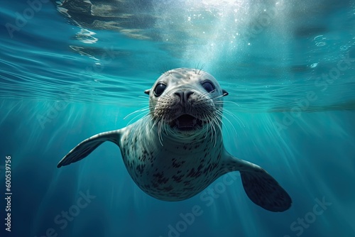 Cute Sea Lion Playing Underwater (Generative Ai) photo