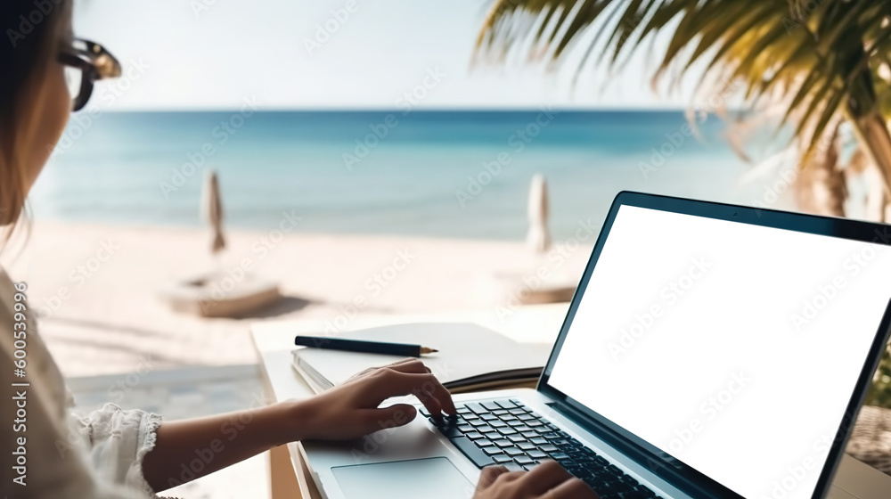 Young woman using laptop with a cut out screen at sea resort. Remote work and business in palm paradise. Online purchase of air tickets and hotels. Copy space. Based on Generative AI Young woman using laptop with a cut out screen at sea resort. Remote work and business in palm paradise. Online purchase of air tickets and hotels. Copy space. Based on Generative AI