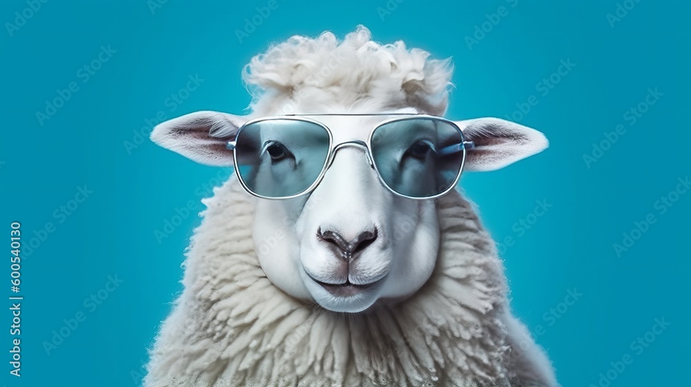 Funny sheep wearing sunglasses. Generative AI - obrazy, fototapety, plakaty 