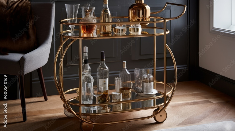 Chic and contemporary bar cart with glassware. AI generated