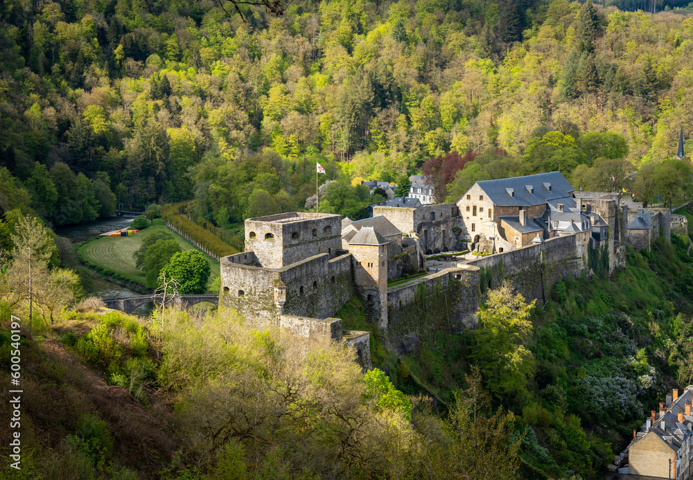 Majestic Bouillon Castle and Semois river in belgian Ardennes seen from nearby observation point