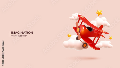 3d Imagination concept - dreams of flight. Realistic 3d design of toy airplane against summer sky background. Freedom and Motivation concept in cartoon minimal style. Vector illustration