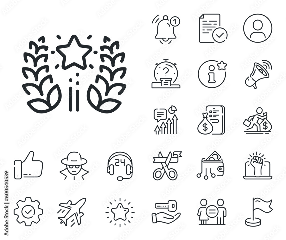 Laurel wreath star star sign. Salaryman, gender equality and alert bell outline icons. Ranking line icon. Best rank symbol. Ranking line sign. Spy or profile placeholder icon. Vector