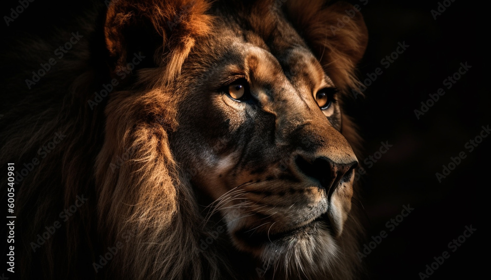 Fototapeta premium Majestic lion staring, strength in wilderness area generated by AI