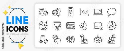 Comic message, Wallet and Laptop line icons set for app include Refrigerator app, No waterproof, Get box outline thin icon. Green energy, Ranking, Calendar pictogram icon. Frying pan. Vector