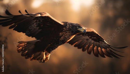 Majestic bird of prey soars in sunset generated by AI