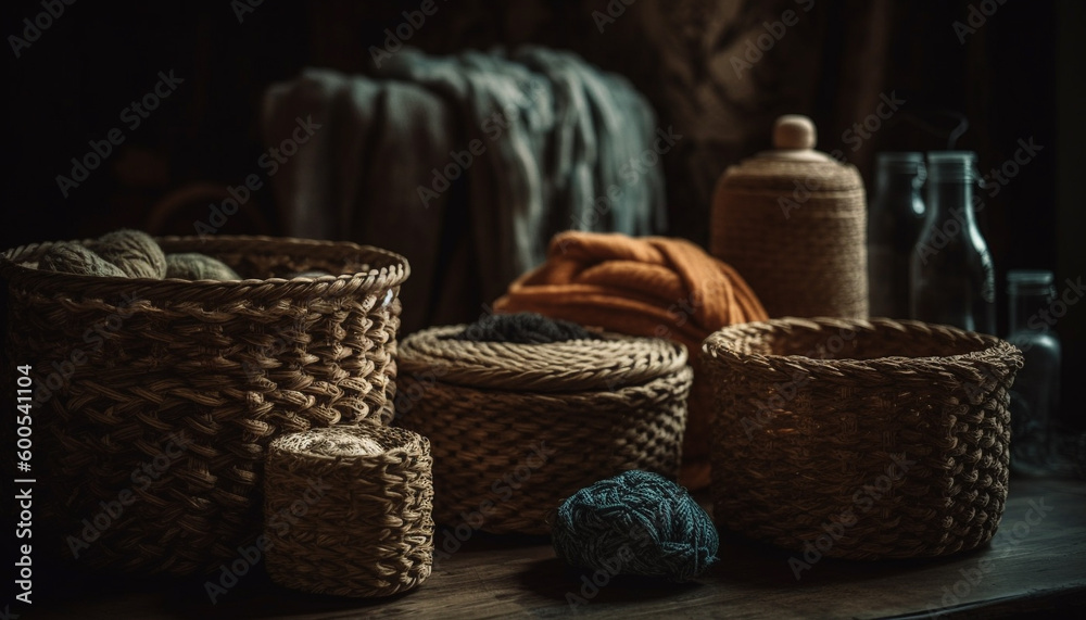 Woven wool basket on rustic wooden table generated by AI Woven wool basket on rustic wooden table generated by AI