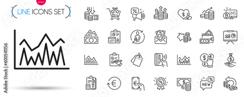 Pack of Cash back, Growth chart and Replacement line icons. Include Investment graph, Presentation, Discounts offer pictogram icons. Volunteer, Coins banknote, Checklist signs. Bribe. Vector