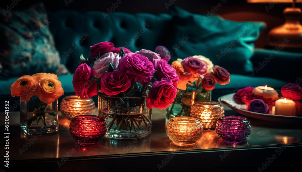 Romantic candlelit vase holds elegant floral arrangement generated by AI