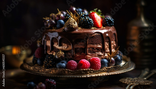 Whipped cream and berries adorn chocolate cake generated by AI