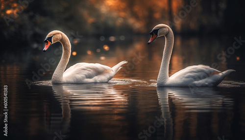Majestic swans grace tranquil pond in nature generated by AI