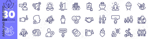 Stress, Inflation and Person talk line icons pack. Inspect, Drag drop, Heart flame web icon. Partnership, Consulting business, Inventory pictogram. Delivery bike, Blood donation. Vector