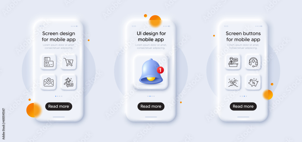 Reject mail, Loan percent and Auction hammer line icons pack. 3d phone mockups with bell alert. Glass smartphone screen. Special offer, Startup concept, Medical support web icon. Vector Reject mail, Loan percent and Auction hammer line icons pack. 3d phone mockups with bell alert. Glass smartphone screen. Special offer, Startup concept, Medical support web icon. Vector