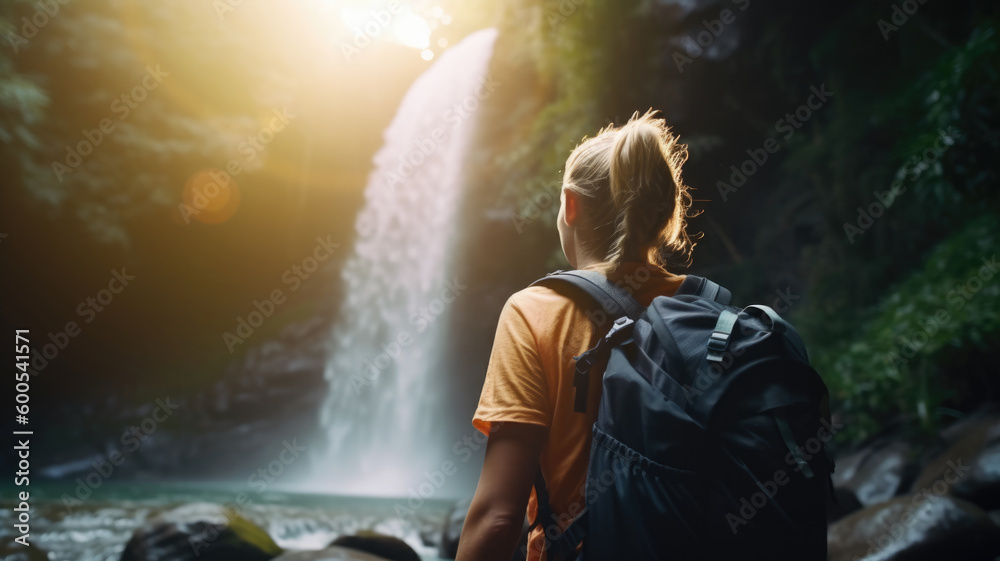 Fototapeta premium Beautiful nature scene, a mountaineer woman with her back turned in front of a waterfall. Created with Generative AI technology.