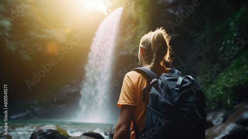Beautiful nature scene, a mountaineer woman with her back turned in front of a waterfall. Created with Generative AI technology. 