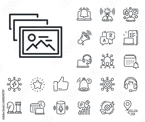 Image thumbnail sign. Place location, technology and smart speaker outline icons. Photo album line icon. Picture gallery placeholder symbol. Photo album line sign. Vector