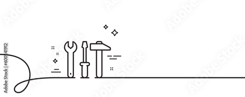 Spanner, hammer and screwdriver line icon. Continuous one line with curl. Repair service sign. Fix instruments symbol. Spanner tool single outline ribbon. Loop curve pattern. Vector