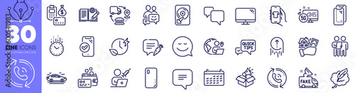 Swipe up, Car and Smartphone glass line icons pack. Approved phone, Quick tips, Smartphone cover web icon. Shop app, Supply chain, Engineering documentation pictogram. Calendar, Computer, Card. Vector