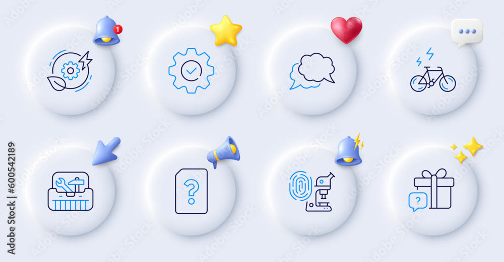 Green energy, Chat message and Execute line icons. Buttons with 3d bell, chat speech, cursor. Pack of Unknown file, Fingerprint research, Toolbox icon. Secret gift, E-bike pictogram. Vector Green energy, Chat message and Execute line icons. Buttons with 3d bell, chat speech, cursor. Pack of Unknown file, Fingerprint research, Toolbox icon. Secret gift, E-bike pictogram. Vector