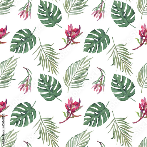 Watercolor seamless pattern with monstera and palm tropical leaves and protea flowers. Jungle design illustration for fabrics, covers, prints. hand drawn botanical illustration. © nadia.art.design