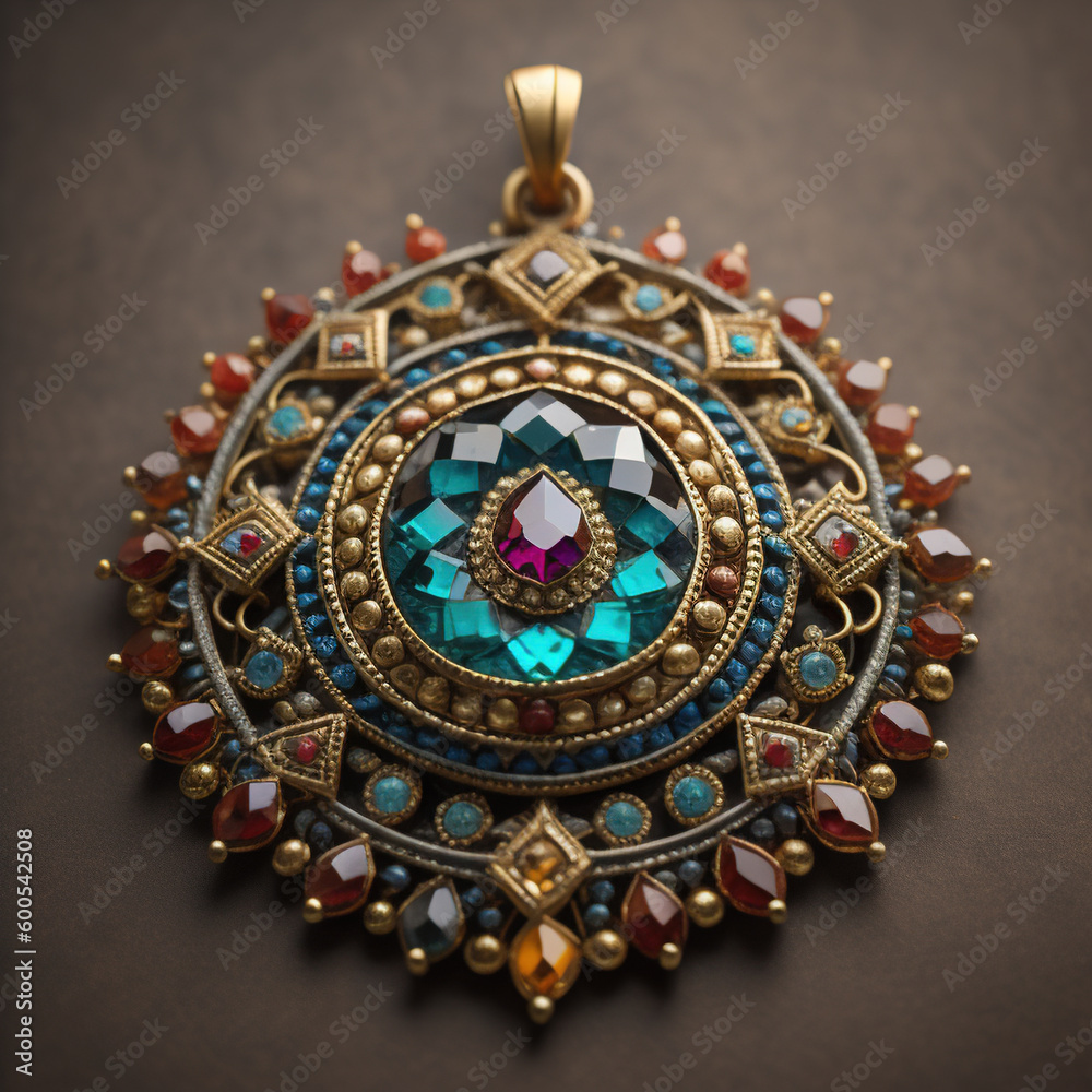 Luxury vintage gold pendant with precious colored gemstones. Generative AI