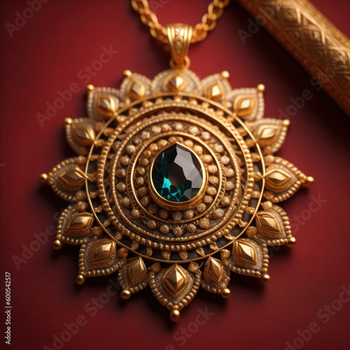 Luxury vintage gold pendant with precious colored gemstones. Generative AI