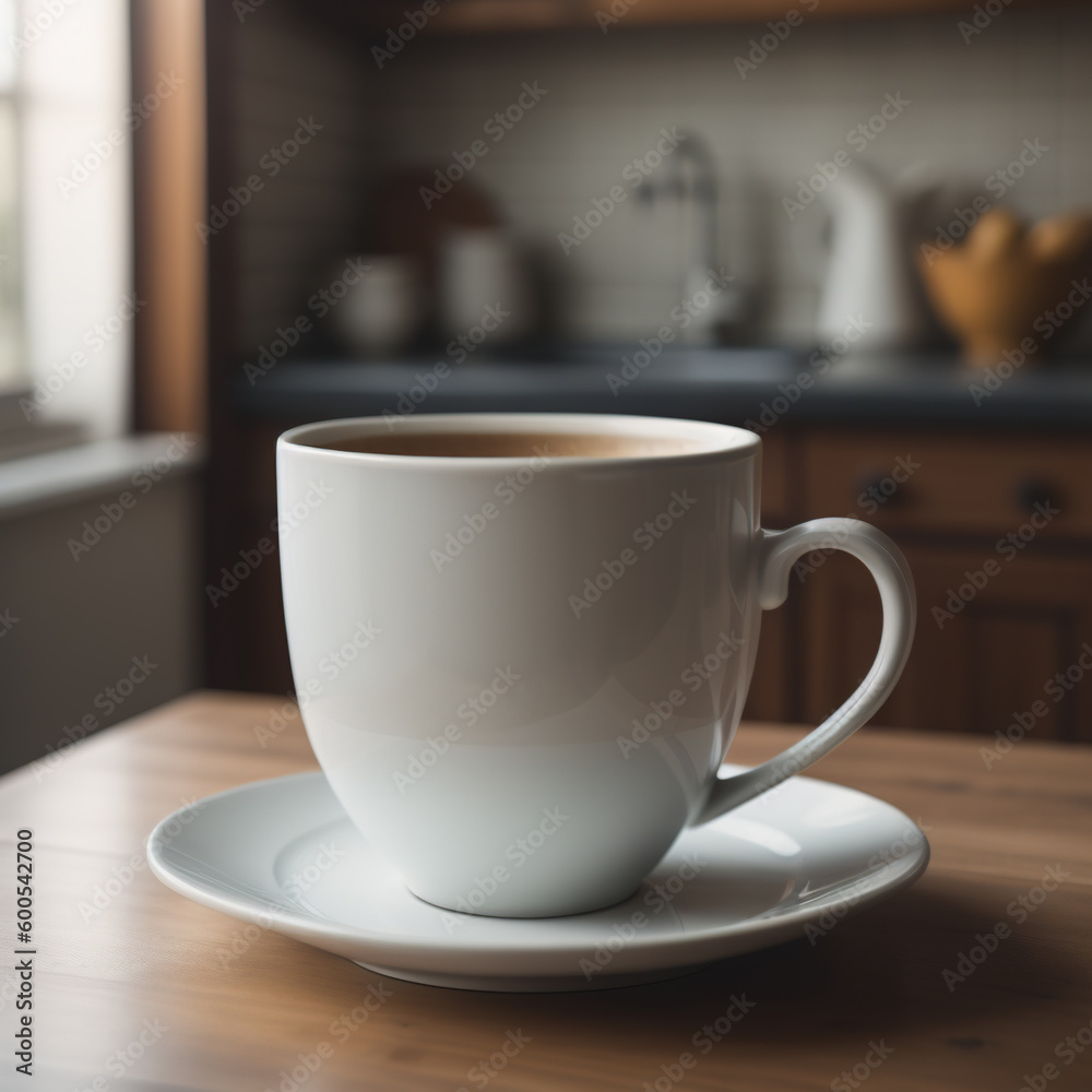 Cup of coffee on kitchen table. Generative AI Cup of coffee on kitchen table. Generative AI