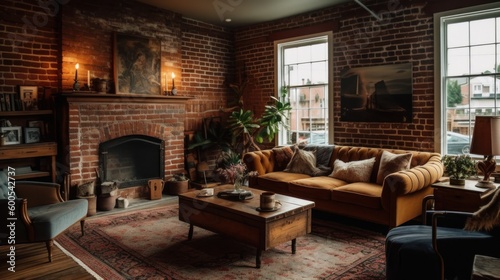 Rustic exposed brick fireplace surround. AI generated
