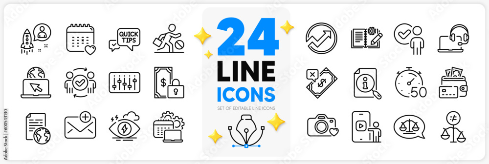 Icons set of Stress, Phone video and Internet document line icons pack for app with Timer, Discrimination, Rejected payment thin outline icon. Private payment, Quick tips, New mail pictogram. Vector