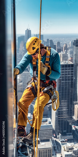 Acrobatic building stunt worker on duty climbing skyscraper. Generative ai.